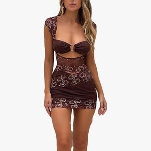 New- Brown Floral Cutout Mini Dress